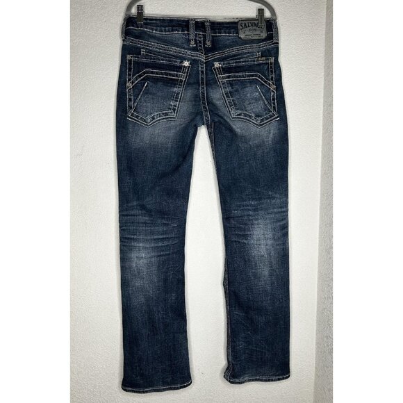 Salvage Mayhem Jeans Mens 32x31 Blue Bootcut Contrast Thick Stitch Buckle Y2K - Picture 2 of 14